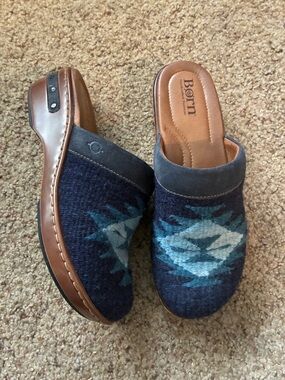 Born Blue Aztec Wool Clog Mule with Tan Leather Trim